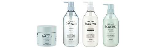 （左から）ノエビア トカラの海のヘアパック(350g)、同 シャンプー、同 コンディショナー、同 ボディソープ