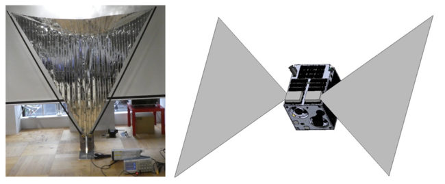 図２：デオービット機構（左：試作品、右：軌道上での展開図）