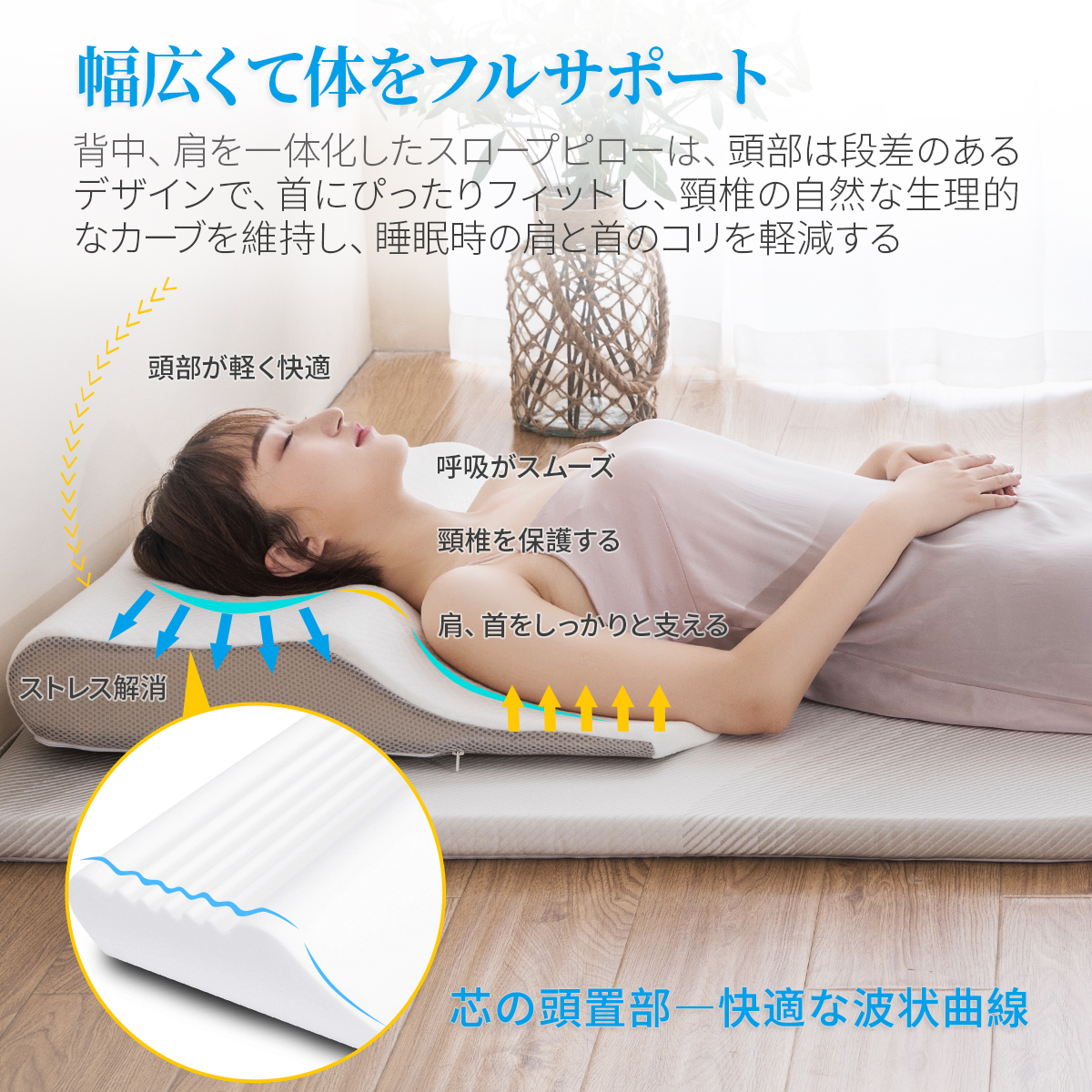 Dore低反発メモリーフォーム枕 [WAVE PILLOW] 背中と肩の一体化枕 