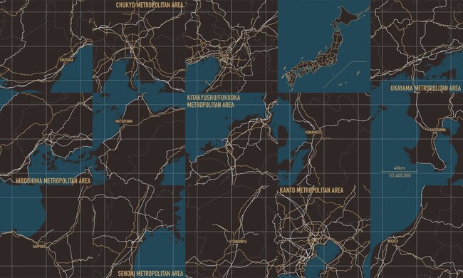 ▲都市の総柄（コインケース、A4バッグインバッグにデザイン） 日本の大都市圏・都市圏14か所の地図と 日本地図をアソートした総柄のデザイン