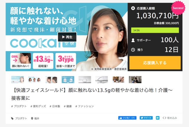 Makuakeでは初日に目標達成。4日で支援者は100人を超える。