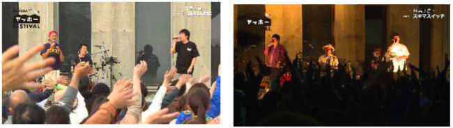 （左）GAKU-MCとスキマスイッチのセッション　（右）ライブ終盤のスキマスイッチとISEKIのセッション