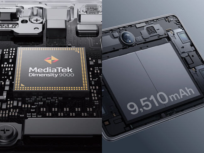 左：MediaTek Dimensity 9000搭載　／　右：67W急速充電対応、9,510mAh大容量バッテリー