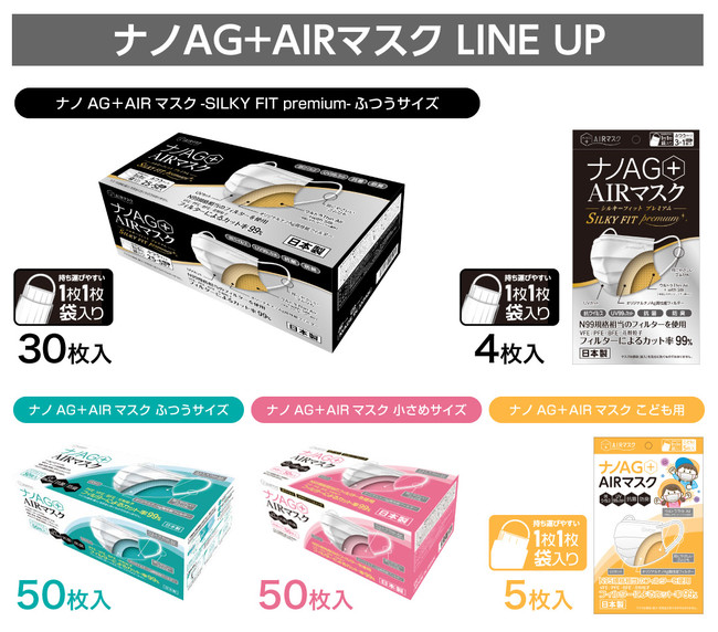 国内発送】 ナノAG AIRマスク 日本製 2500枚 50箱 50枚入 小さいサイズ 使い捨て 不織布マスク N95 規格相当のフィルター  耳にやさしい 銀イオン 花粉 PM2.5 BFE VFE PFE UV 99％カット fucoa.cl