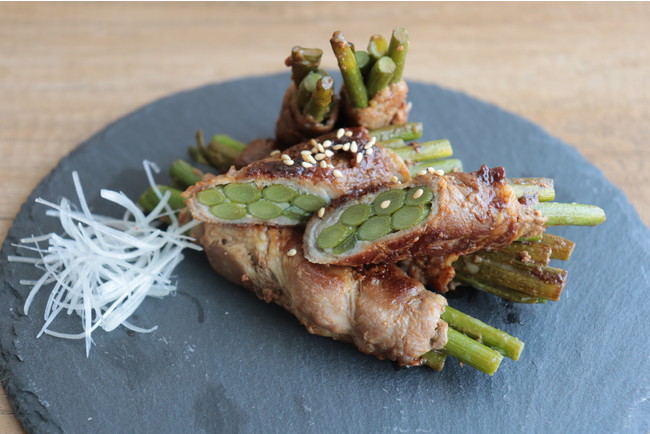 ▲有機にんにくの芽の肉巻き ▲有機にんにくの芽の肉巻き
