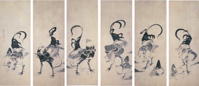 伊藤若冲　鶏図押絵貼屛風（左隻） 寛政9年（1797）頃