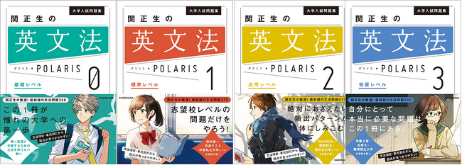 左から「英文法」の「レベル０」→入試に必要な基礎固め、「レベル１」→共通テスト・中堅私立大学、「レベル２」→GMARCH・関関同立・国公立大学、「レベル３」→早慶上智・難関国立大学。今の自分のレベル、目的にあった1冊が選べます。