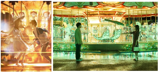 映画『君は月夜に光り輝く』オリジナルイラスト（左）と、イラストに喚起されて撮影された映画シーン（右）Ⓒ2019「君は月夜に光り輝く」製作委員会