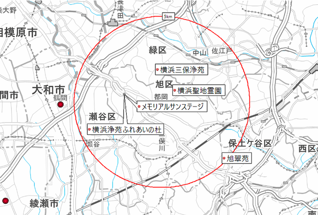 横浜市内の当社取り扱い霊園分布図。横浜市旭区半径5km圏内の5か所の霊園を取り扱うことで、近隣でお墓をお探しの方により多くの選択肢と見学・比較検討しやすい環境をご提供いたします。
