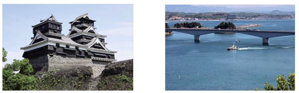 （左から）熊本城 桜の馬場(震災後)、天草５橋クルージング