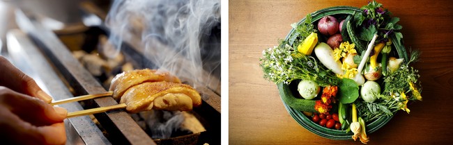 （写真左）「KYOTO BISTRO」と祇園・焼き鳥の名店「侘家古暦堂」とのコラボイベント、（写真右）「八坂」にて丹後の食材を使った夏のメニュー