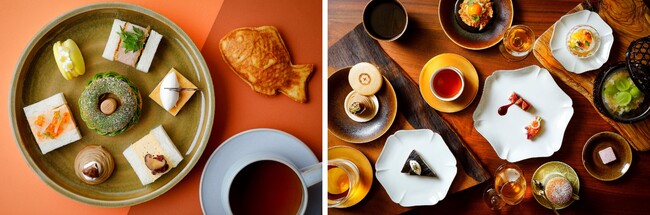 （写真左）「KYOTO BISTRO」 の『NINENZAKA TEA TIME』（二年坂ティータイム） 価格：3,300円-税込（写真右）「ザ リビングルーム」の『アフタヌーンティー』（コース、ティーペアリング付き） 価格：6,050円-税込