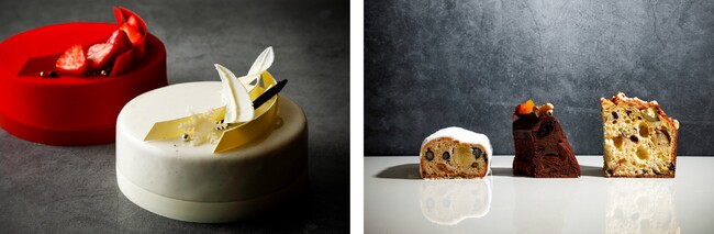 (写真左)左より、クリスマスショートケーキ 15cm、丹波栗と柚子のムースケーキ 15cm (写真右)左より、丹波産 黒豆のシュトーレン、リースショコラ、丹波栗のパネトーネ (写真左)左より、クリスマスショートケーキ 15cm、丹波栗と柚子のムースケーキ 15cm (写真右)左より、丹波産 黒豆のシュトーレン、リースショコラ、丹波栗のパネトーネ