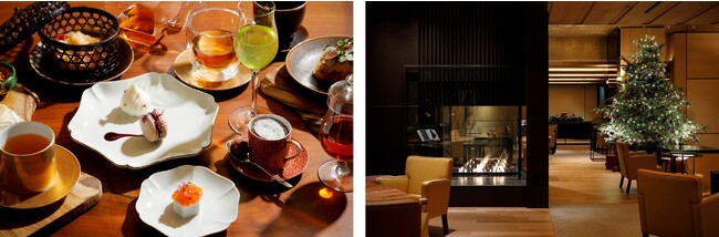 (写真左)普段目にするアフタヌーンティーとは全く異なるコース仕立てに国産のお茶とのマリアージュも格別(写真右)暖炉に燈る火と、クリスマスツリーのイルミネーションが、落ち着いた暖かな空間をつくりだします (写真左)普段目にするアフタヌーンティーとは全く異なるコース仕立てに国産のお茶とのマリアージュも格別(写真右)暖炉に燈る火と、クリスマスツリーのイルミネーションが、落ち着いた暖かな空間をつくりだします