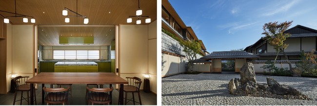 （写真左）会場となるプライベートダイニングスペース「KYOTO BISTRO キッチンスタジオ」 （写真右）京都・東山にあるパーク ハイアット 京都のエントランス