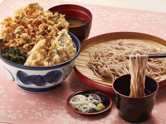 素材内容： 桜海老のかき揚げ（三つ葉入り）、鰆(さわら)、筍(たけのこ)、広島菜のせ（青じそ風味）