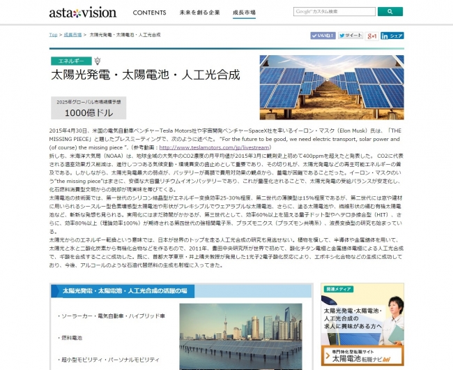 astavision「太陽光発電・太陽電池・人工光合成」市場ページ