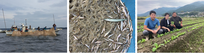（左から：シラウオ漁の様子／水揚げされたシラウオ／収穫体験の様子）写真撮影：新シェフ 芝原健太