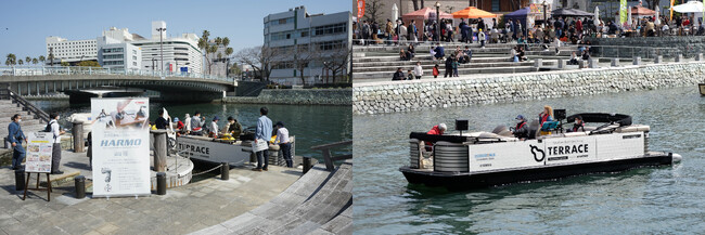 左：カフェイベントと同時開催した試乗会　　右：試験艇の静寂性を生かした水上ジャズライブ