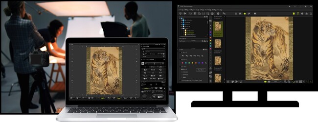 左：多彩な撮影機能を持つテザーモード撮影湯ソフトウェア「OM Capture」右：撮影した画像をリアルタイムに確認できる画像編集用ソフトウェア「OM Workspace」