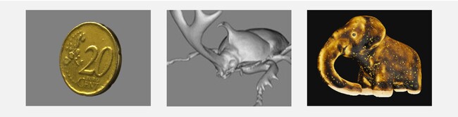 左：3D Macro 撮影　中：より高精細な撮影　右：黒色部がある被写体撮影