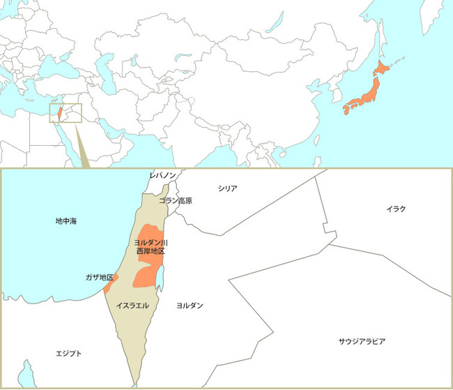 イスラエル国内のオレンジ色部分がパレスチナ。