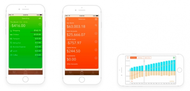iOS版 Moneytreeアプリ支出、口座残高、全資産の推移画面 イメージ