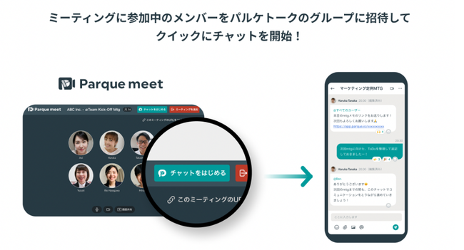 「パルケトーク」へウェブ会議中に1タップでチャット招待