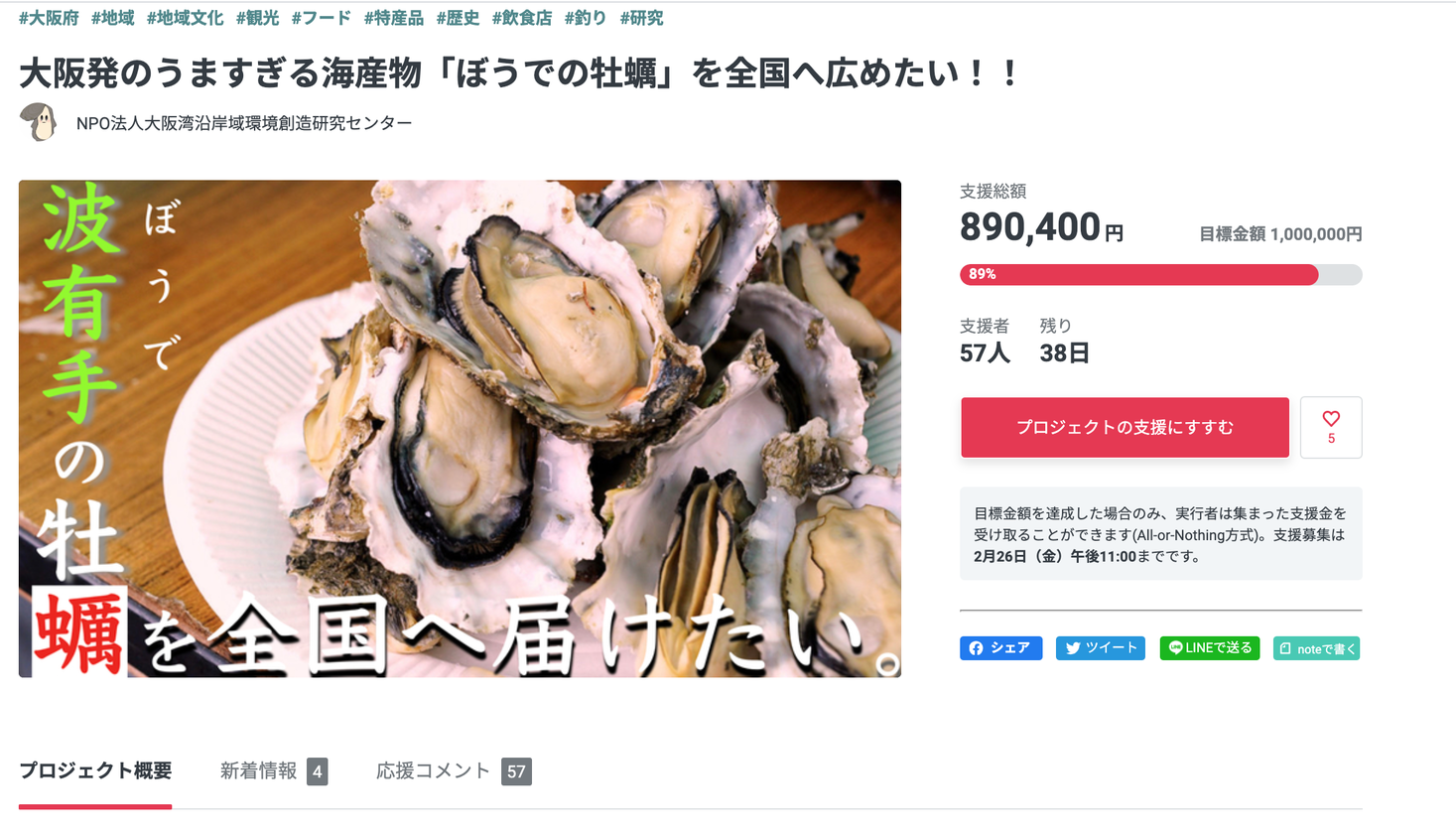 大阪発のうますぎる海産物 ぼうでの牡蠣 1ヶ月限定 クラウドファンディングサイトにて全国販売を開始 集まった支援金は牡蠣 小屋の建設費に活用 特定非営利活動法人大阪湾沿岸域環境創造研究センターのプレスリリース