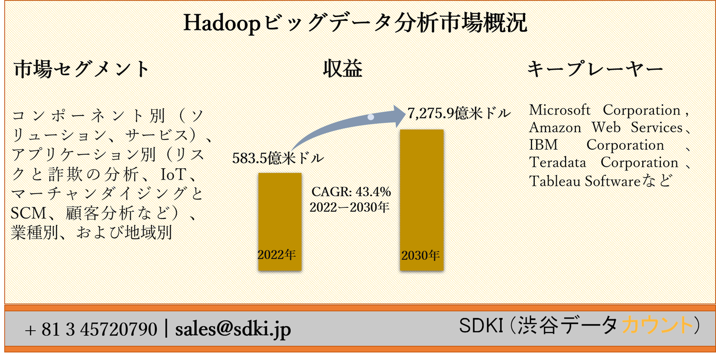 Hadoopビッグデータ分析市場ーコンポーネント別 ソリューション サービス アプリケーション別 リスクと詐欺の分析 Iot など 業種別 および地域別ー世界的な予測2030年 Sdki Inc のプレスリリース