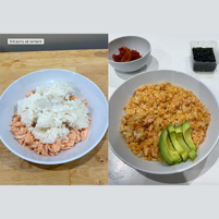 TikTok上で話題になった簡単レシピ（サーモン丼）。 数種類の具材とスーパーで簡単購入できる調味料だけを使って短時間で完了。