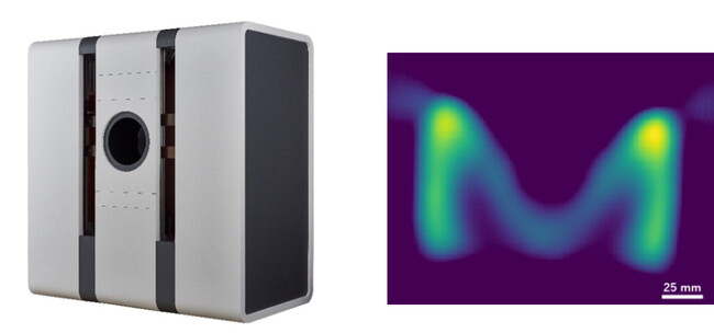 （左）開発した磁気粒子イメージング装置（試作機）、（右）本装置で撮像した画像