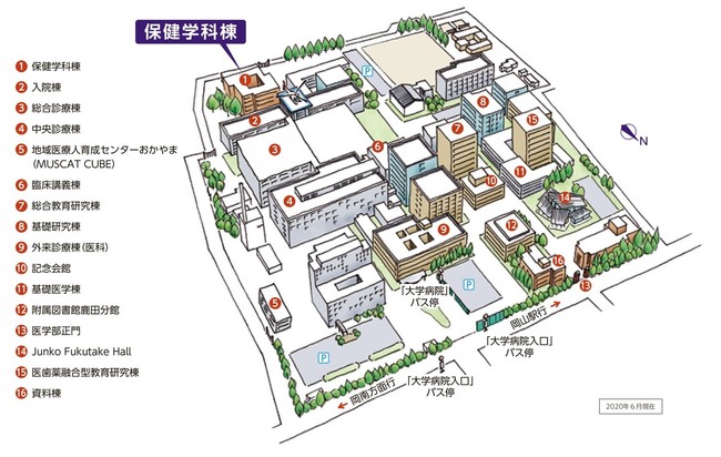 岡山大学鹿田キャンパス（岡山市北区）の保健学科の位置