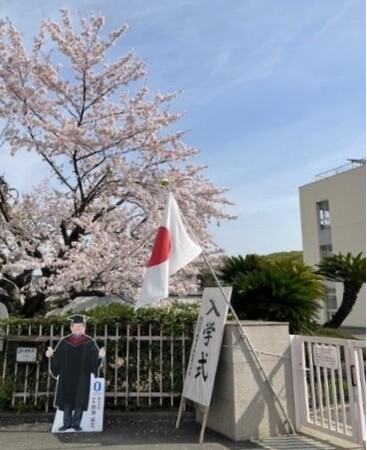 小学校の正門前で桜とともに新入生を出迎える学長パネル