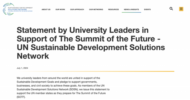 「国連未来サミット」を支持する世界の大学学長らの共同声明（SDSN HPより）