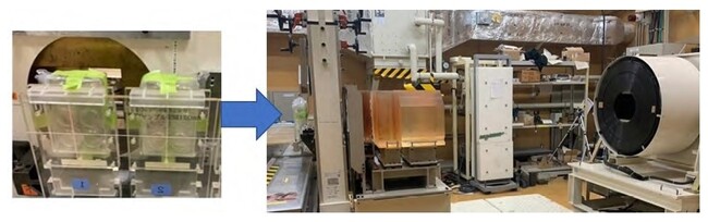 量子科学技術研究開発機構に持参した3Dモデルを炭素線照射室に設置した様子