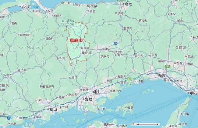 真庭市の位置（googlemapsより）