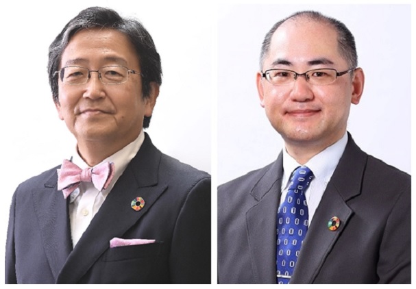 那須保友学長と山本進一記念賞審査委員会委員長に就任した佐藤法仁副理事（研究・産学共創総括担当）・副学長（学事担当）・上級URA（右）