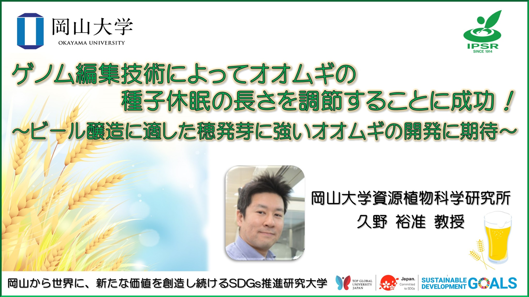 【岡山大学】ゲノム編集技術によってオオムギの種子休眠の長さを調節することに成功！～ビール醸造に適した穂発芽に強いオオムギの開発に期待～