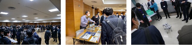 左：展示風景、中：意見交換の様子、右：実演の様子
