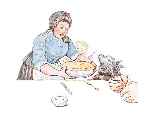 「にくのパイ」にされたピーターのおとうさんの挿絵。『ピーターラビットのおはなし』より
