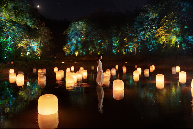 隠田跡の水の中の道。チームラボ《隠田跡の水鏡の道》、《隠田跡》、《幽谷の呼応する森》(C) チームラボ