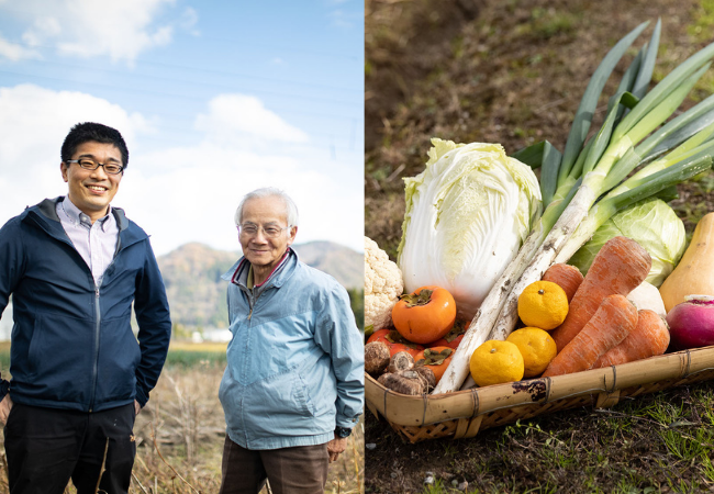 左：駅長東と生産者松田さん、右：庄川温泉郷でとれる野菜