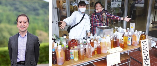 左）鬼沢真之さん、右）自由の森学園高校生たちの環境活動（廃食油回収）