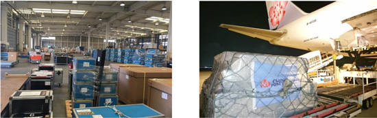 【左】当社関空内倉庫に搬入された貨物　【右】貨物便への搭載（提供：チャイナ エアライン）