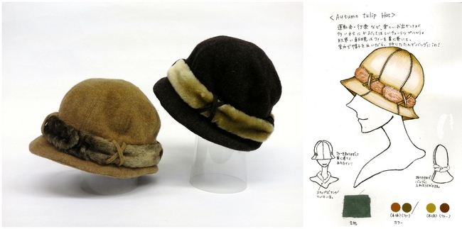 学生コメント：クラウンのバッグにギャザーが入った帽子。ギャザーは、かぶりやすく柔らかなシルエットになります。優しく甘いデザインです。