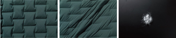 (左)縫い糸や圧着剤を使用しない生地の織りによるスーパーDS構造により、ダウンずれやコー ルドスポットを軽減　(中)あらゆる動きを妨げない抜群のストレッチ性　(右)700FPのRDS認証ダウンを使用