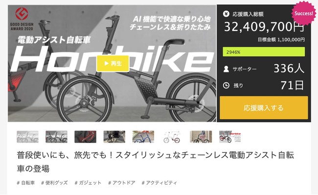 世界初 片側支持チェーンレス電動アシスト自転車【Honbike】  クラウドファンディングサイト【Makuake】での応援購入金額がわずか1週間で3,000万円を突破しました！ | Click  Holdings株式会社のプレスリリース