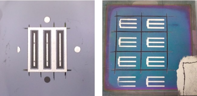 本研究で作製したCdTe太陽電池（左：スーパーストレート型、右：サブストレート型）