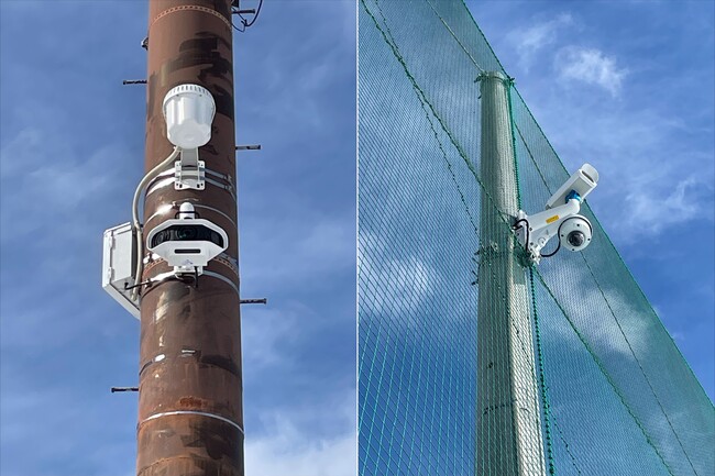 三成公園ホッケー場に設置された「STADIUM TUBE S3」（左）と固定カメラ（右）